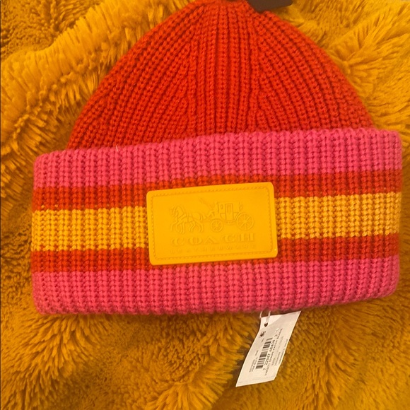 Unisex varsity wool blend Coach Pink and Orange Striped Knit beanie Hat OS - Picture 3 of 9